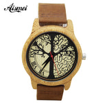 Aismei brand Retro Men Women Wood Watches Fashion Casual Tree dial Quartz Watches Clock Casual Genuine Leather Wristwatches